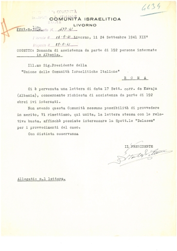 DELASEM. Richiesta della comunità Israelitica di Livorno di assistenza per 192 ebrei internati in Albania: 24.9.1941